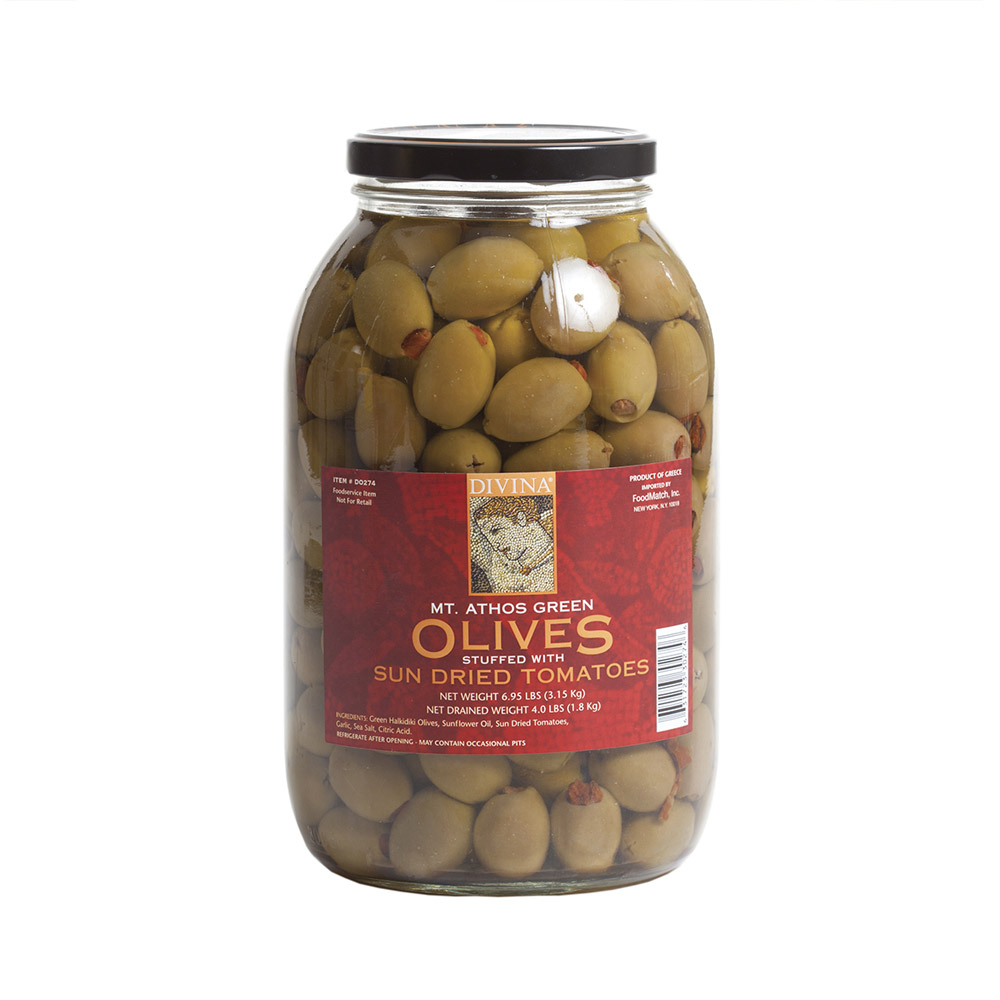 jar of divina mt. athos green olives stuffed with sundried tomatoes