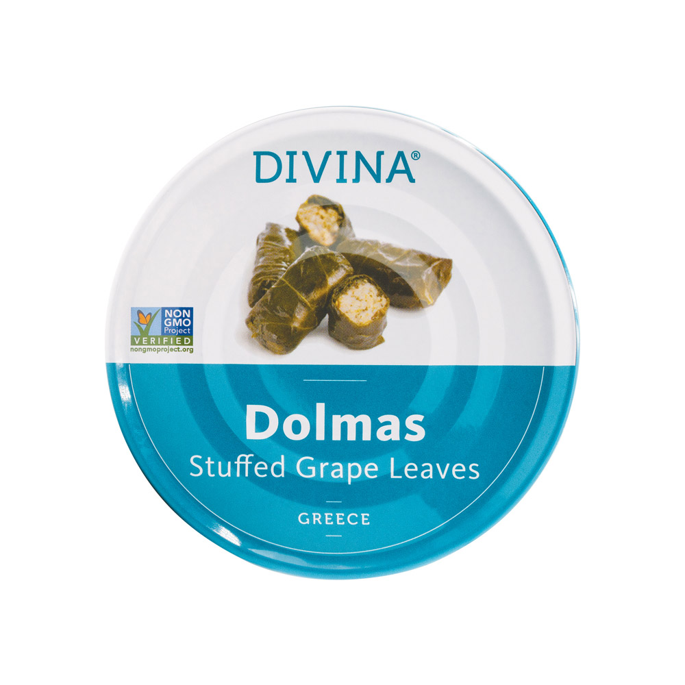 Tin of Divina Dolmas stuffed grape leaves