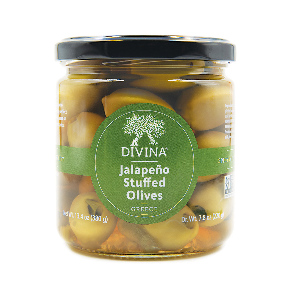 jar of divina green olives stuffed with jalapeño