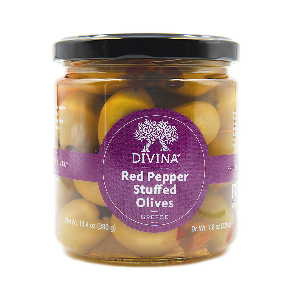 jar of divina green olives stuffed with red peppers