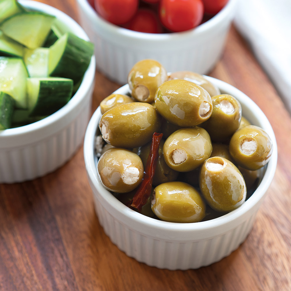 divina green olives stuffed with feta in bowl