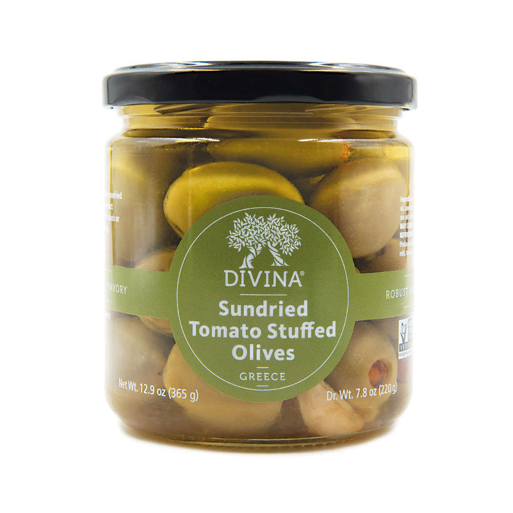 jar of divina green olives stuffed with sundried tomatoes