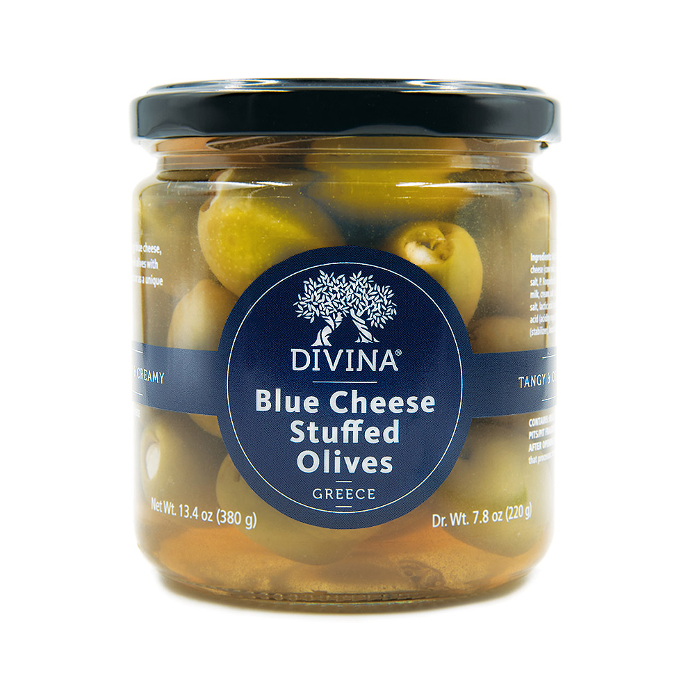 jar of divina green olives stuffed with blue cheese