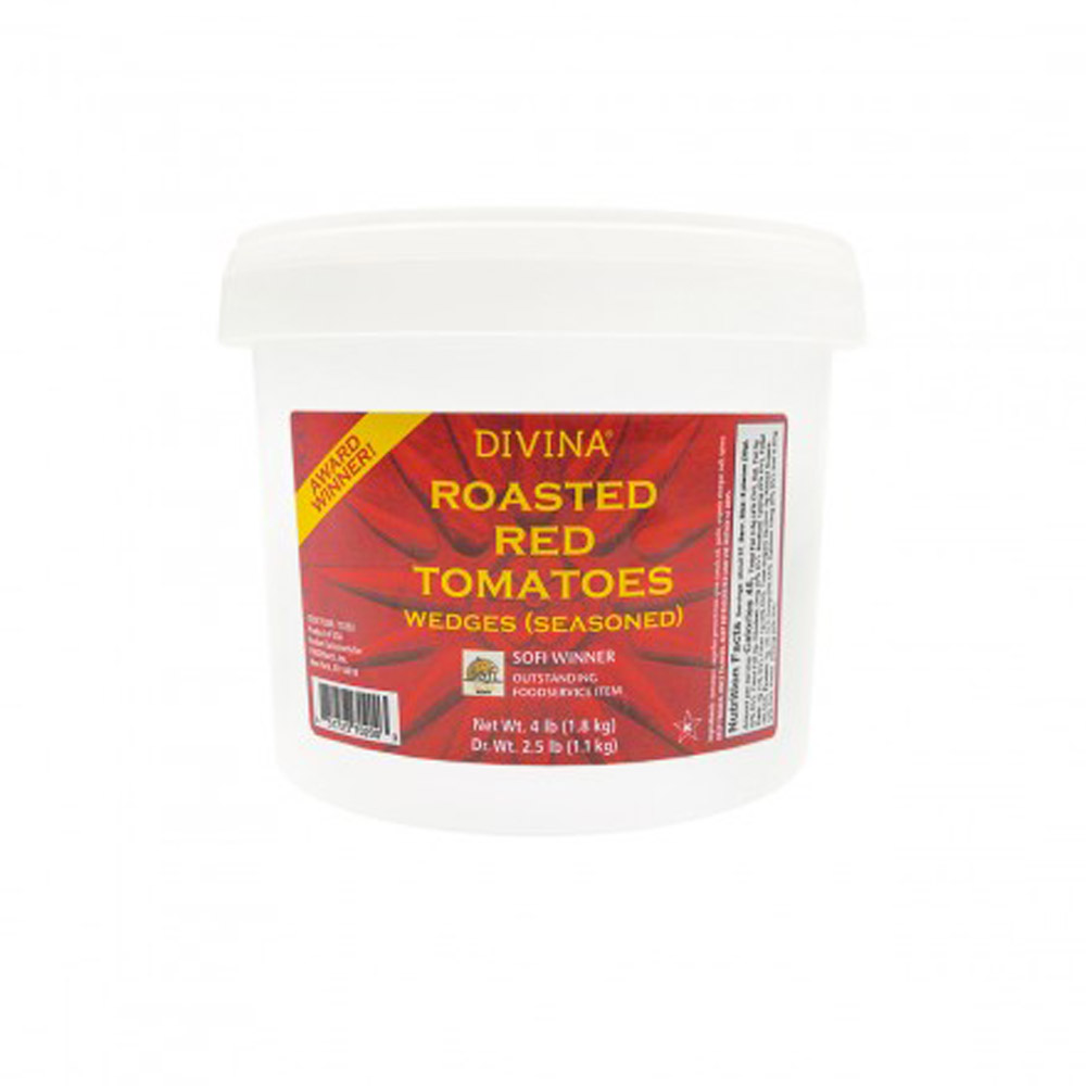 Container of Divina seasoned roasted red tomato wedges