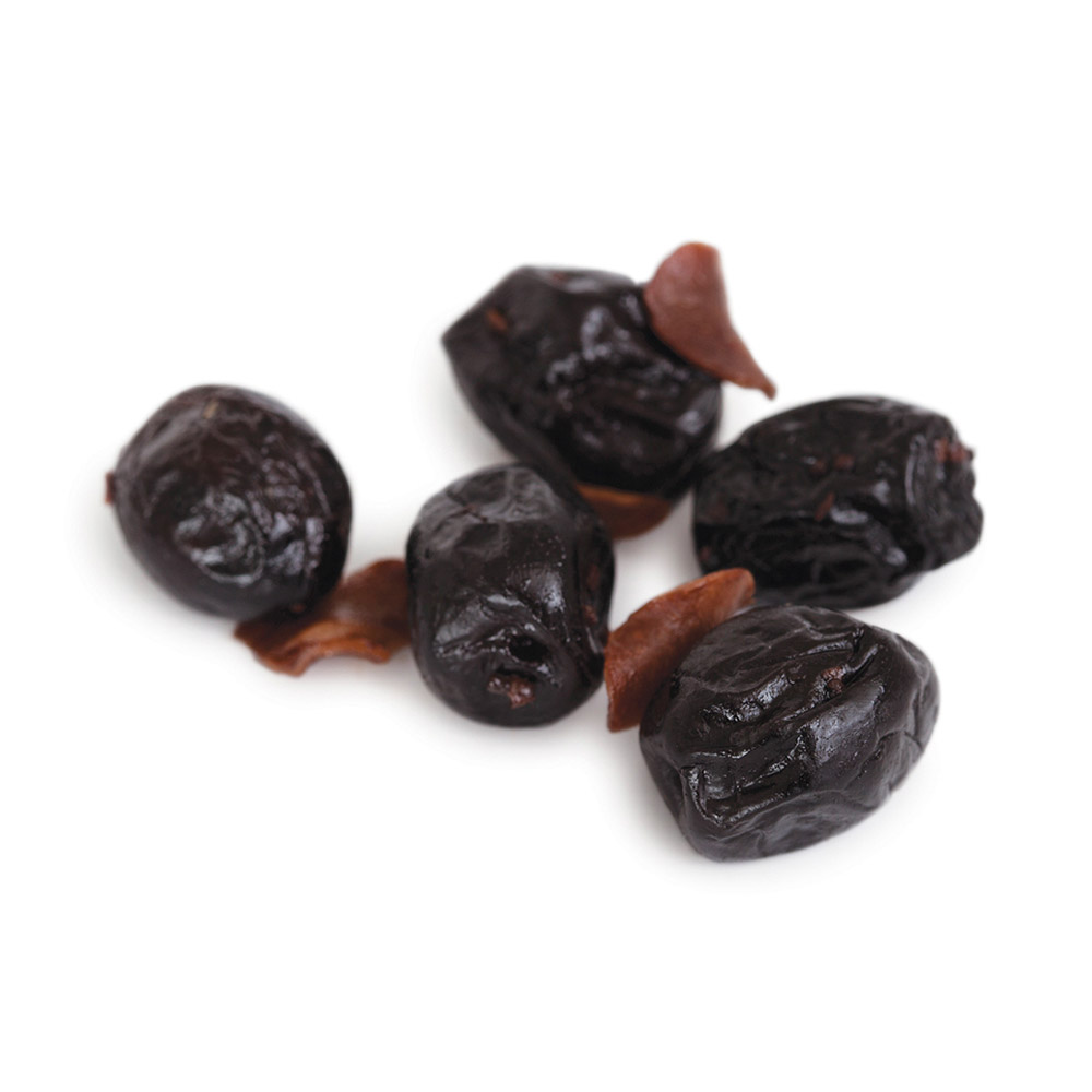 Barnier Dry-Cured Black Olives with Garlic on a white background