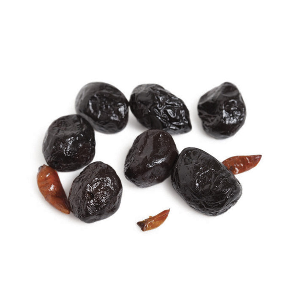 Barnier dry-cured black olives with hot peppers