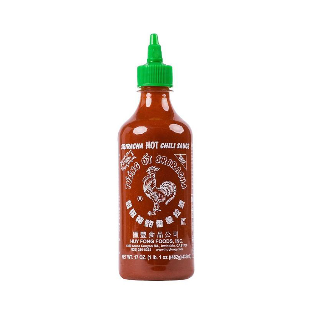 A bottle of Huy Fong Foods sriracha hot chili sauce