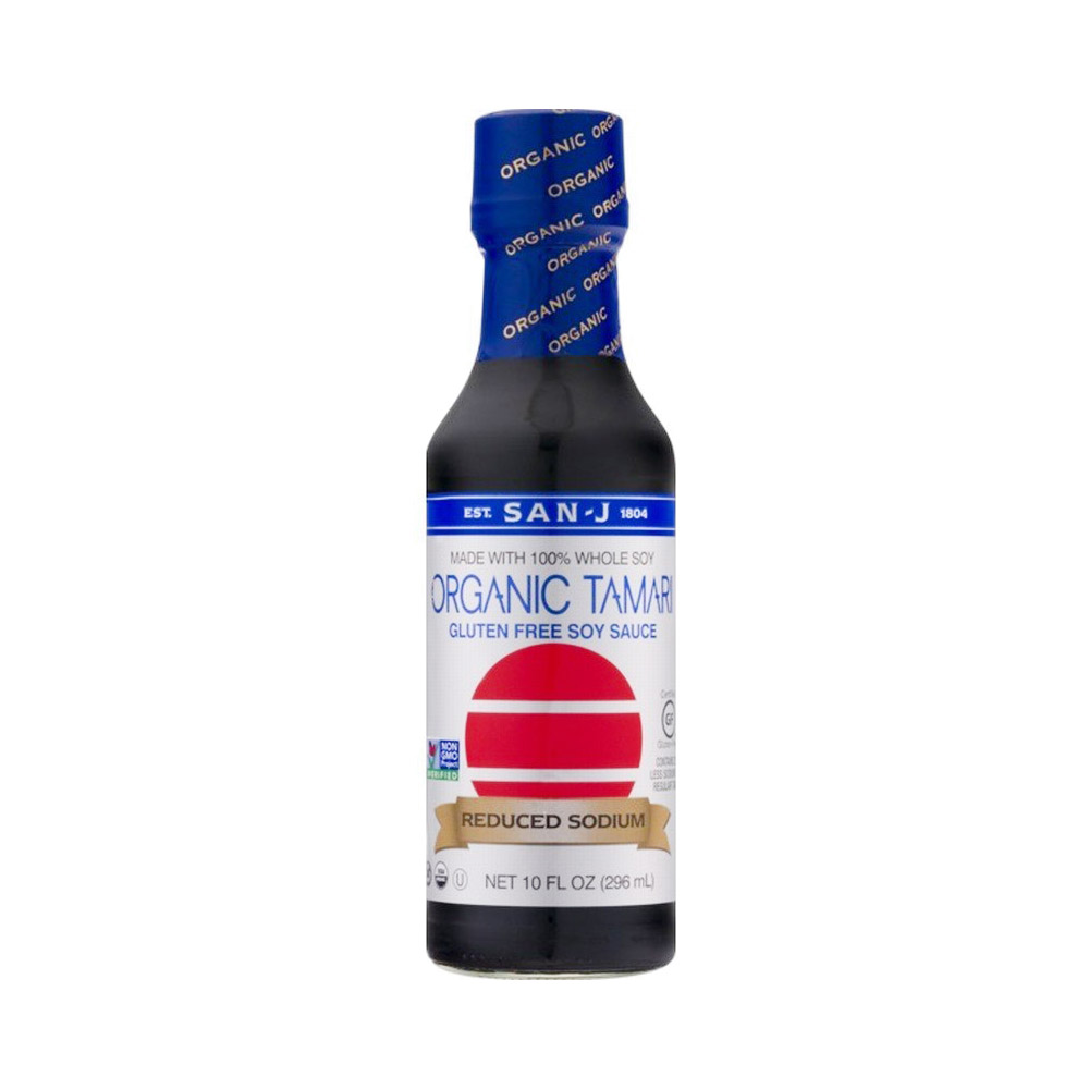 Bottle of San-J gluten free organic reduced sodium tamari soy sauce