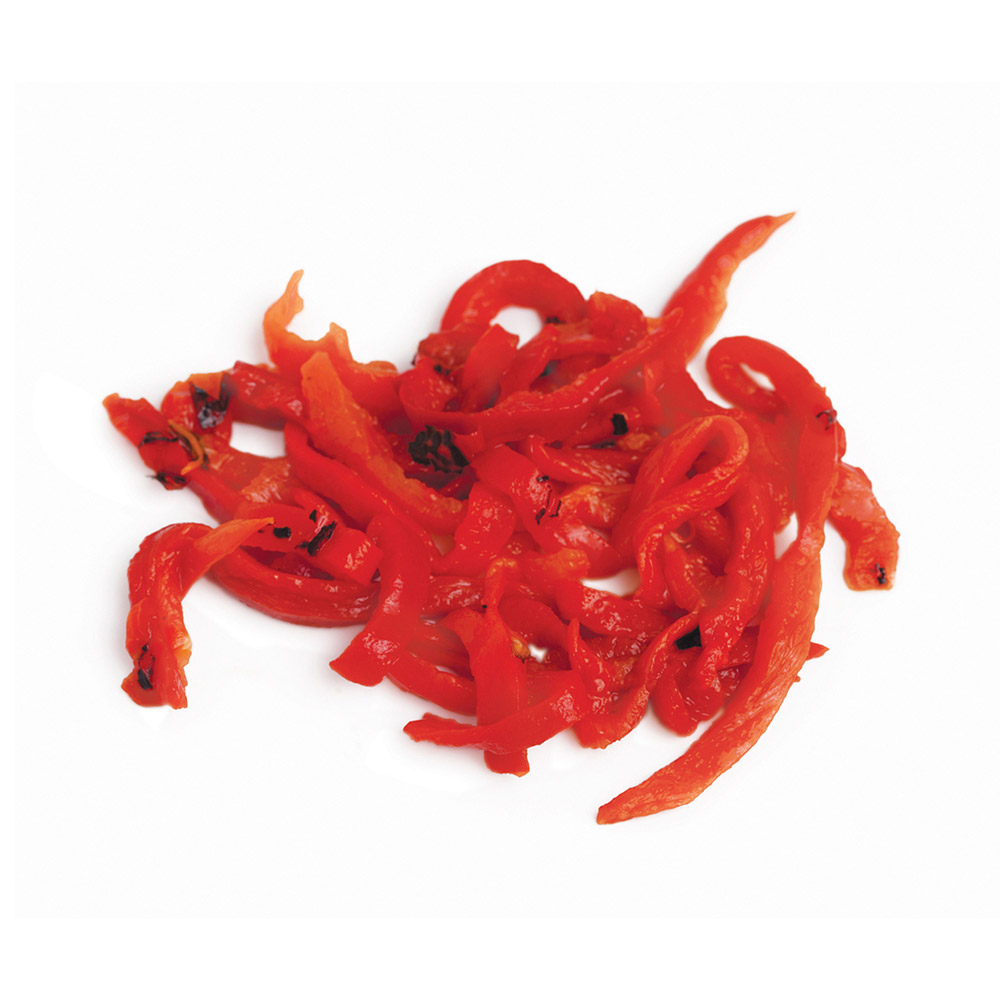 A pile of Divina Roasted Red Pepper Strips