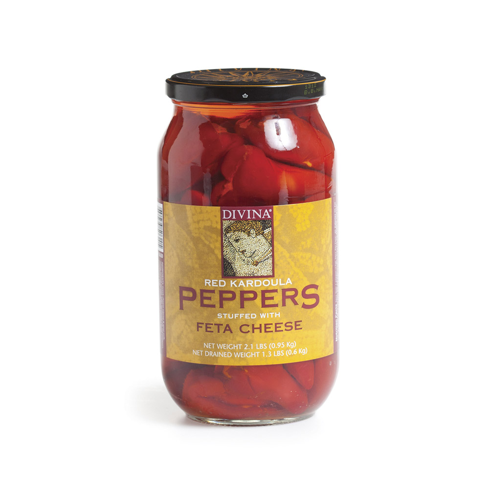 Jar of Divina red kardoula peppers stuffed with feta