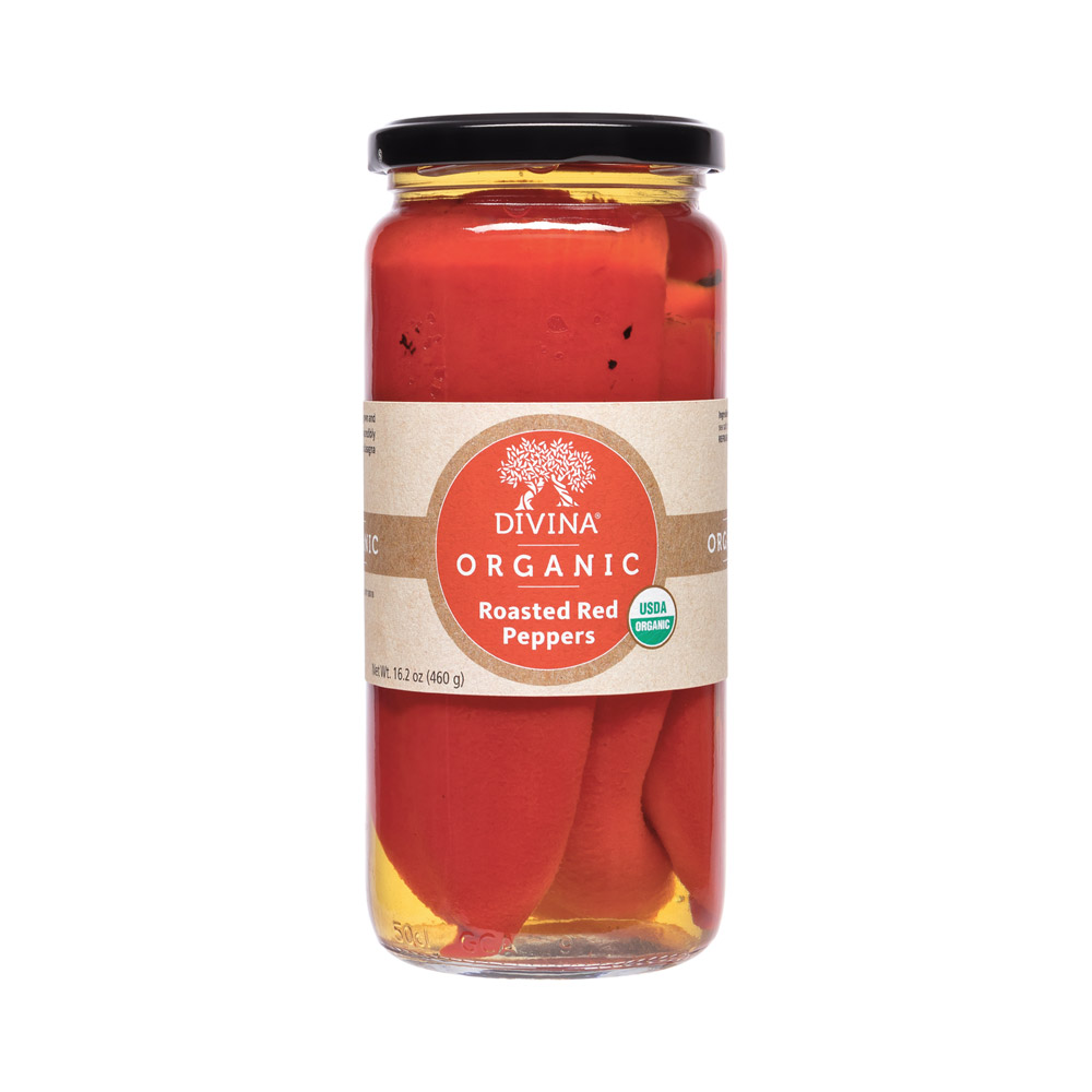 A jar of Divina Organic Roasted Red Peppers