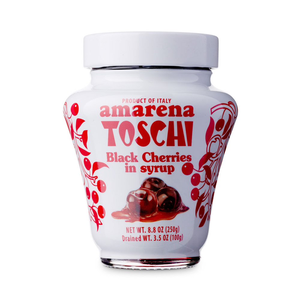 A jar of Toschi Amarena Cherries in syrup