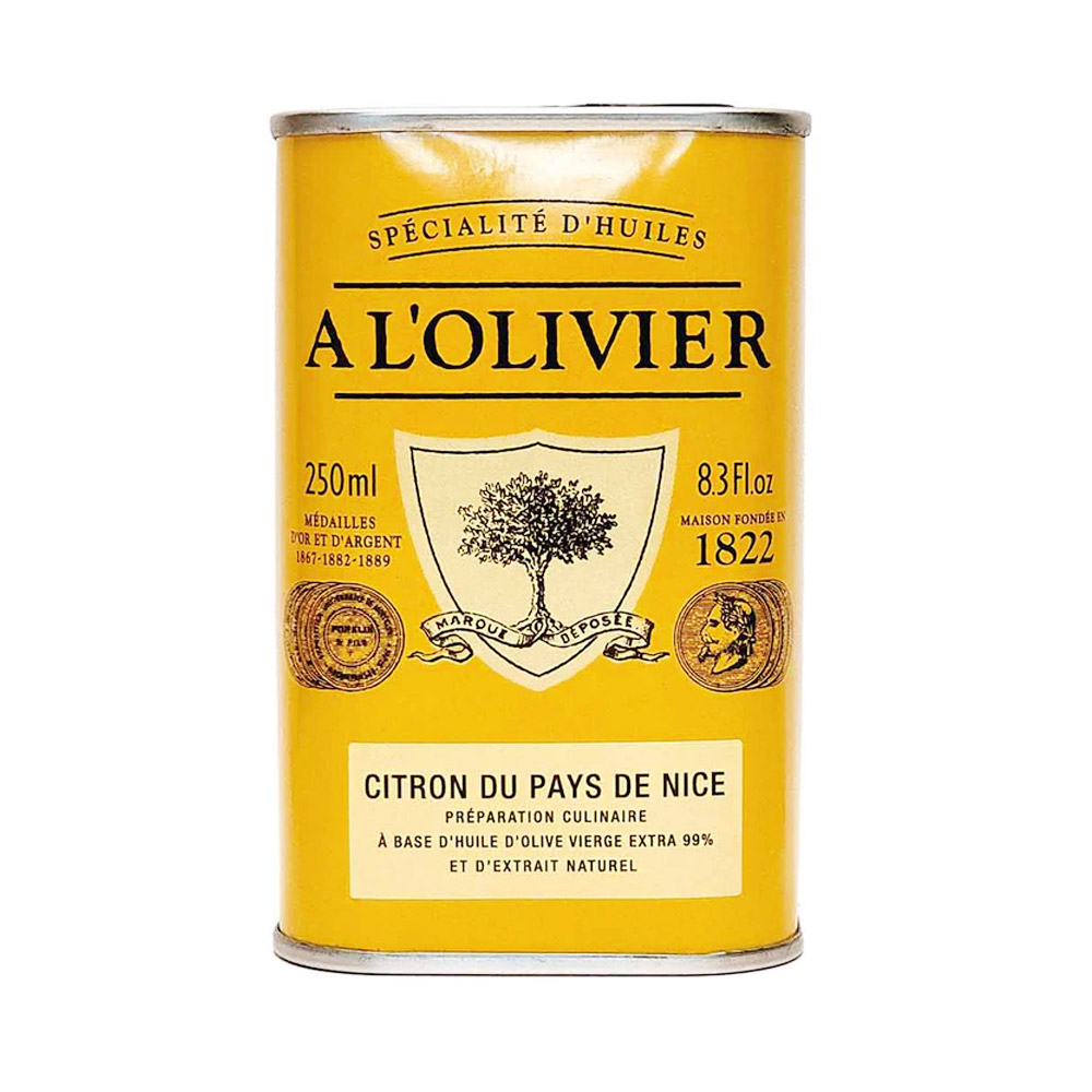 A tin of A L'Olivier Extra Virgin Olive Oil Infused with Lemon Oil