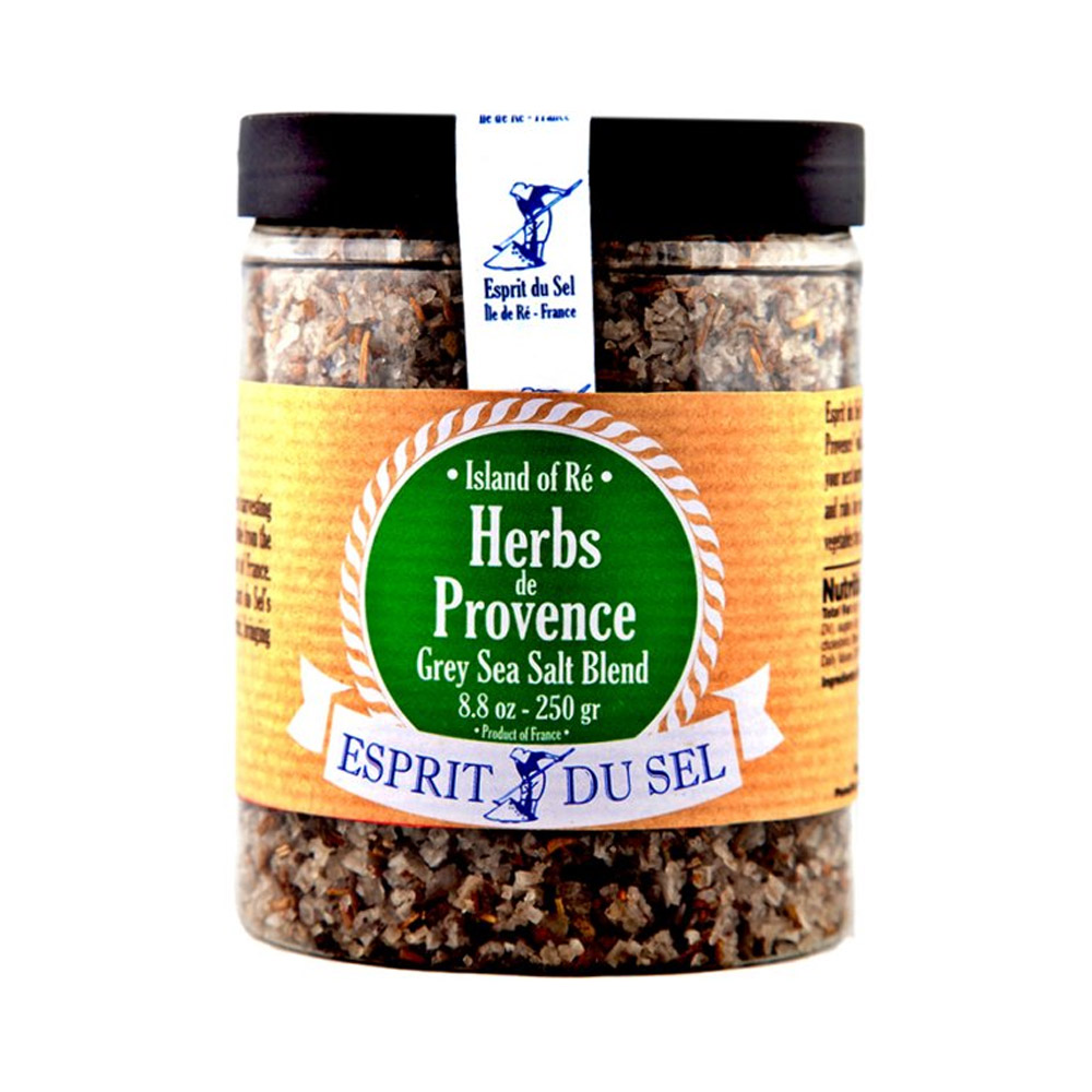 A plastic container of Esprit du Sel Grey Sea Salt with Herbs de Provence