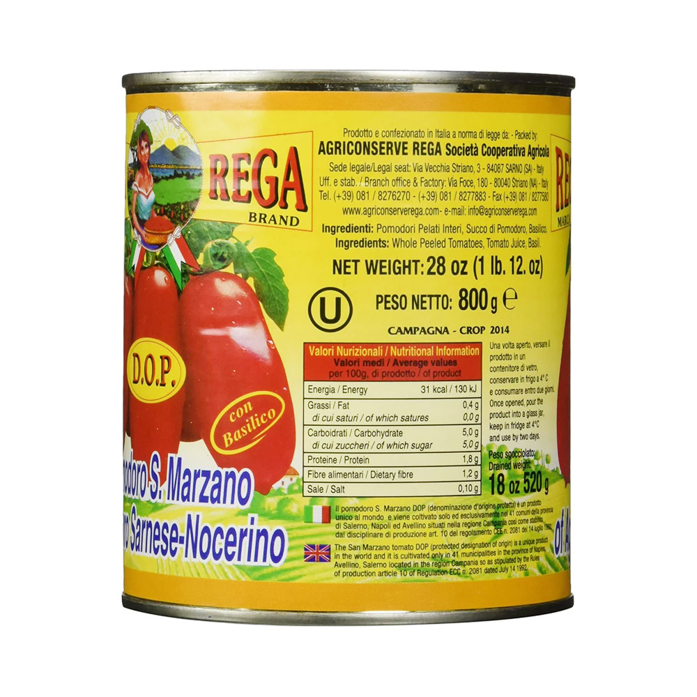 The side of a can of Rega San Marzano Whole Peeled Tomatoes