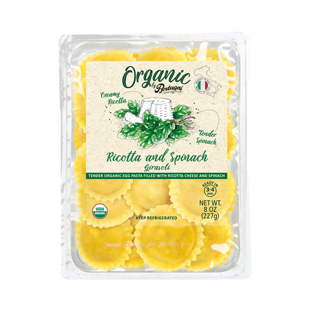 Package of Bertagni Organic ricotta and spinach girasoli pasta