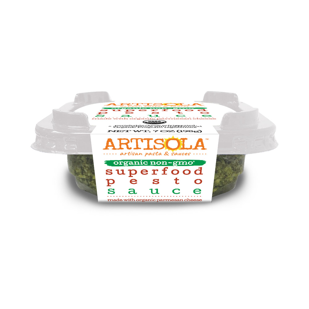 Container of Artisola organic superfood pesto sauce