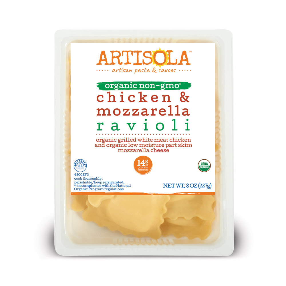 A package of Artisola Organic Chicken Mozzarella Ravioli