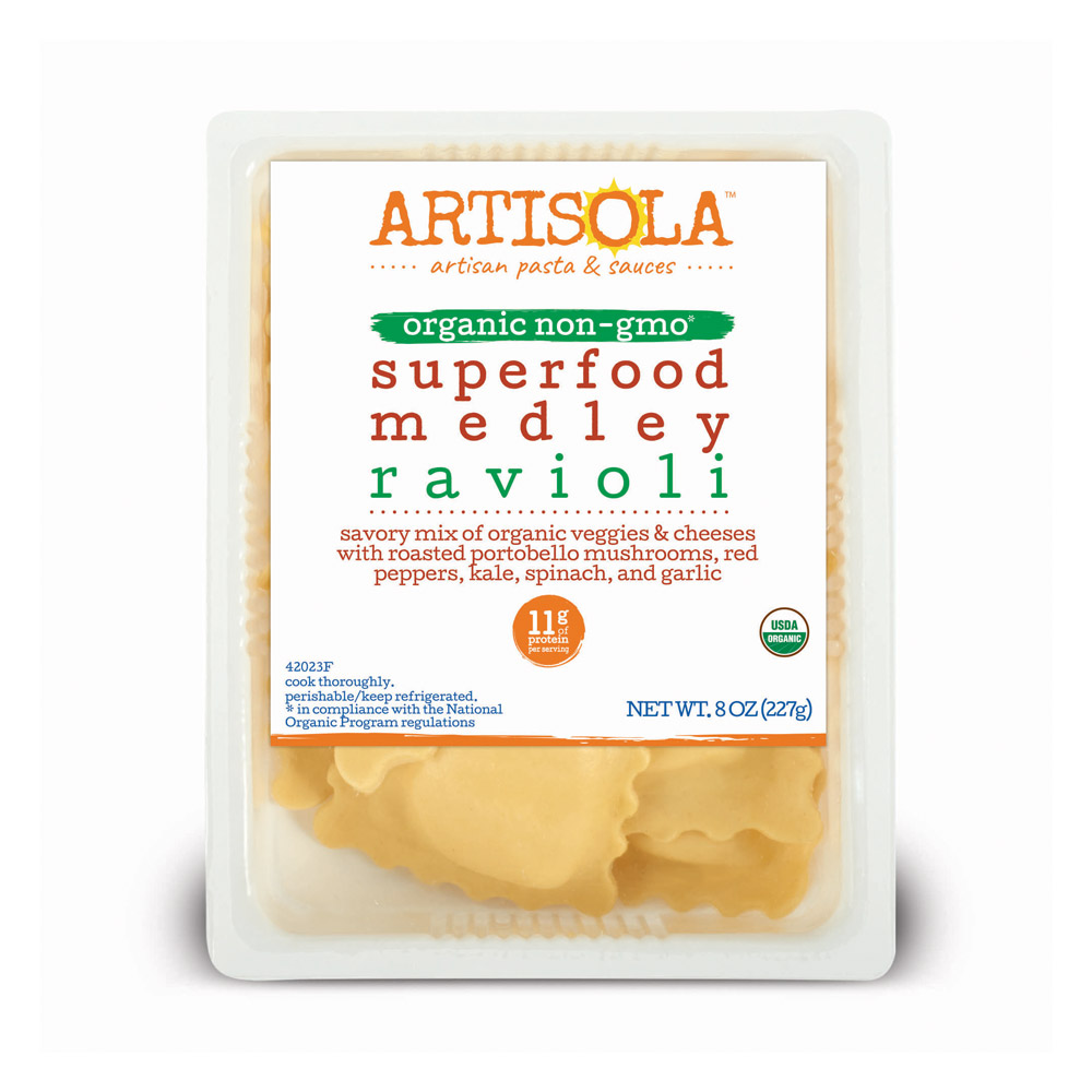 A package of Artisola Organic Superfood Vegetable Ravioli