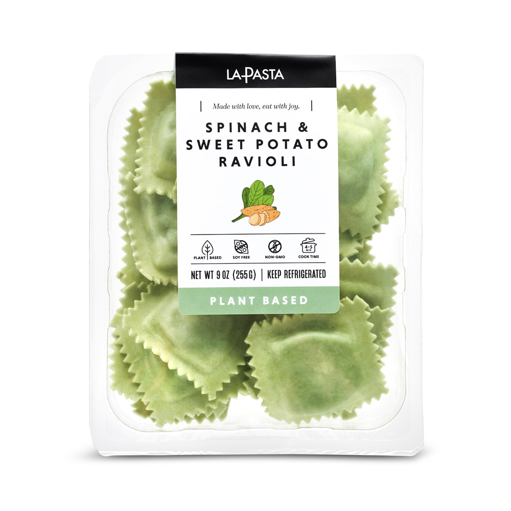 A package of La Pasta Plant-Based Spinach & Sweet Potato Ravioli