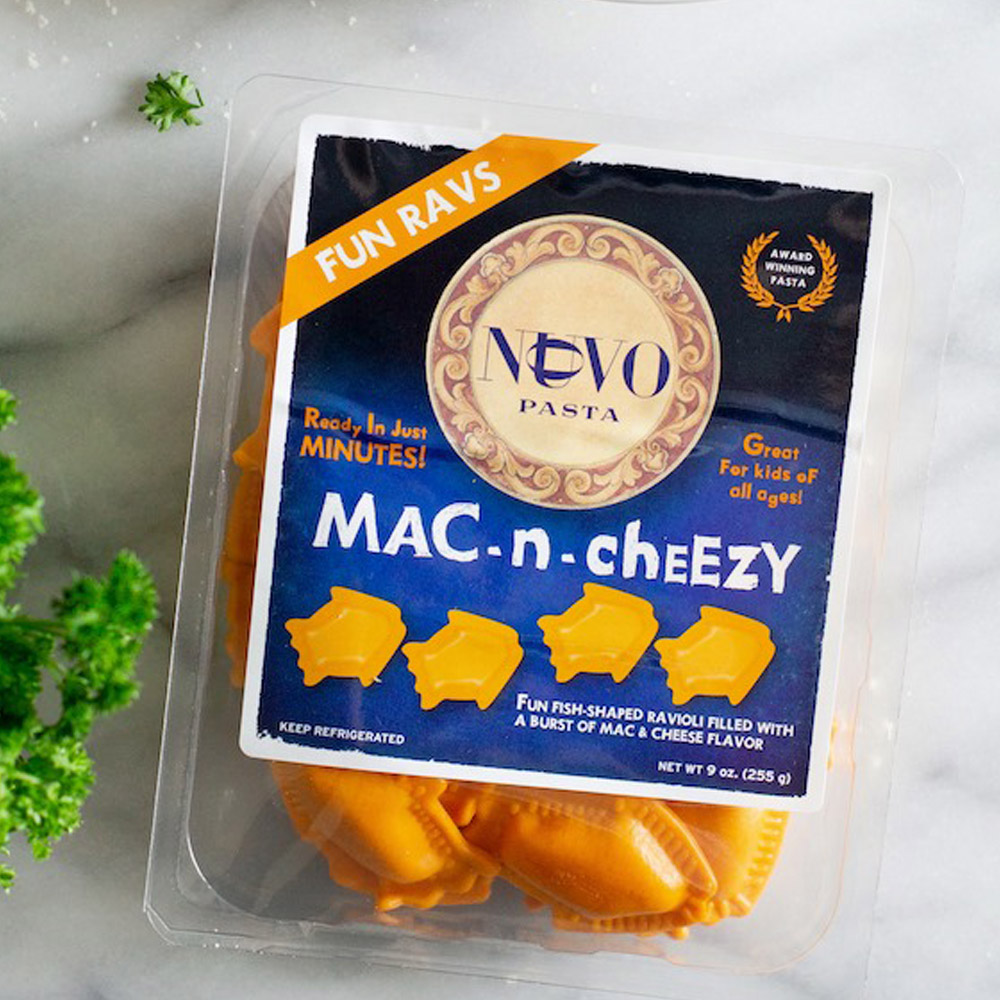 Nuovo pasta mac n cheezy fun ravioli in package on counter