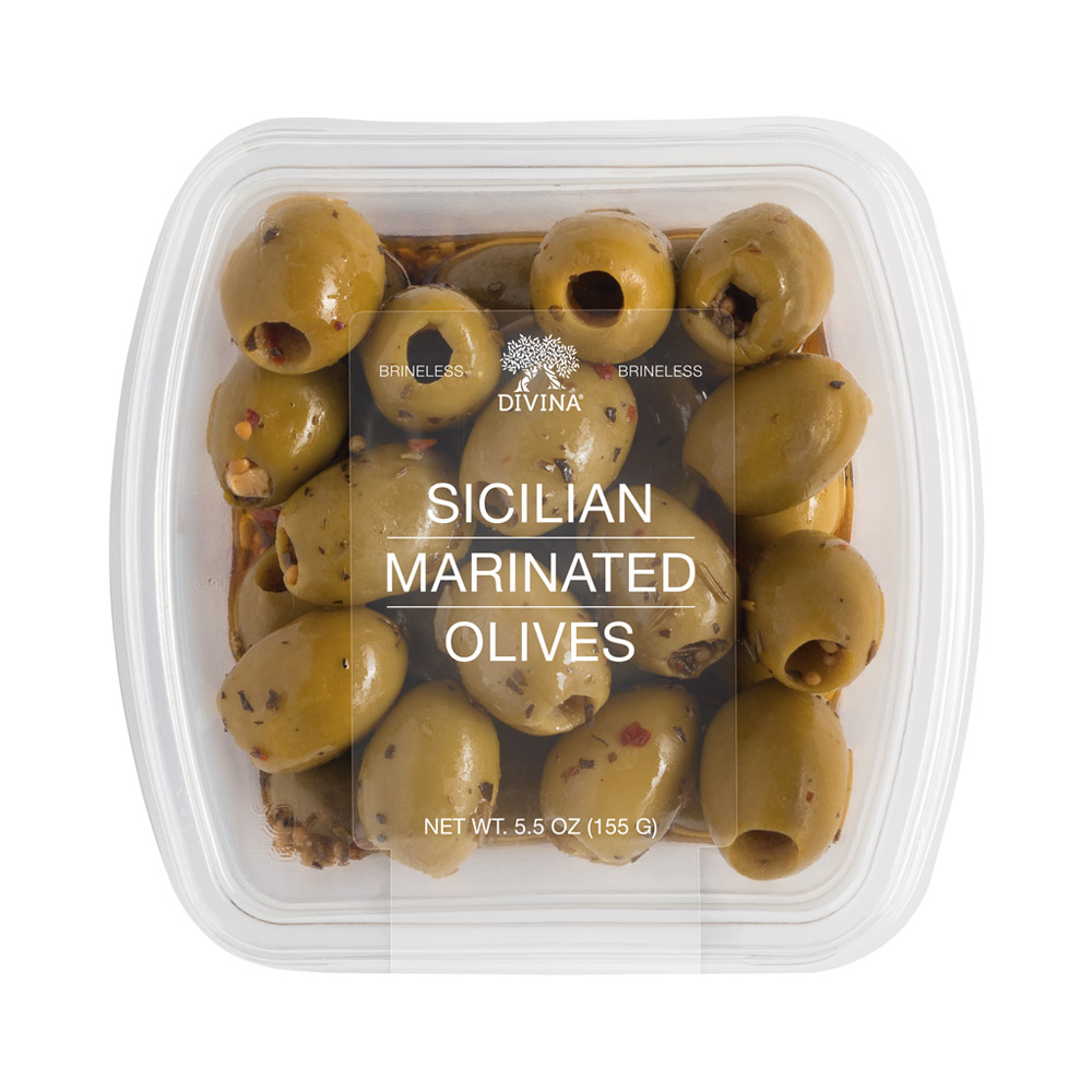 deli cup of divina olives marinated with sicilian herbs