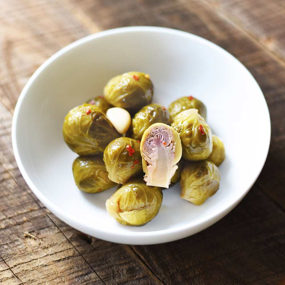 divina spicy pickled brussels sprouts in bowl