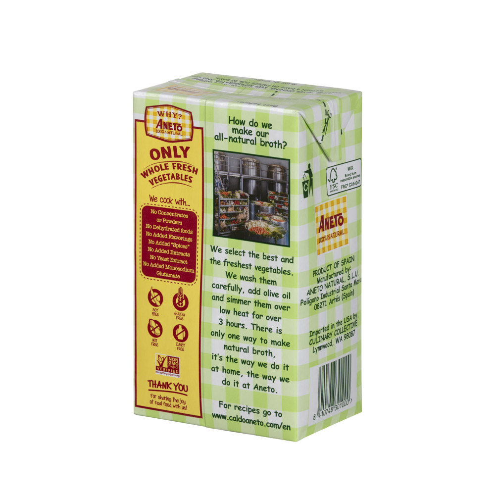 Aneto 100 percent natural vegetable broth back of package