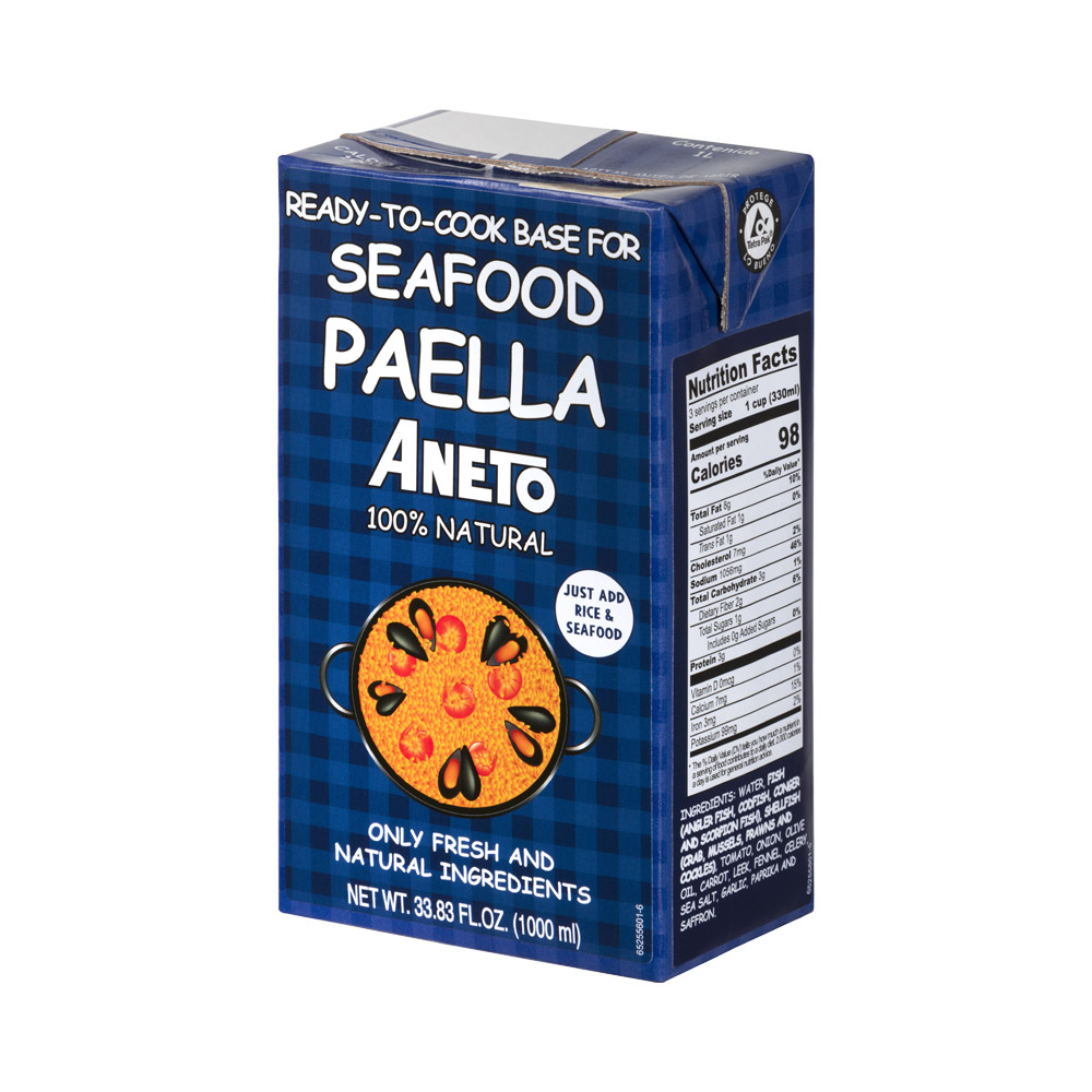 A box of Aneto Seafood paella cooking base