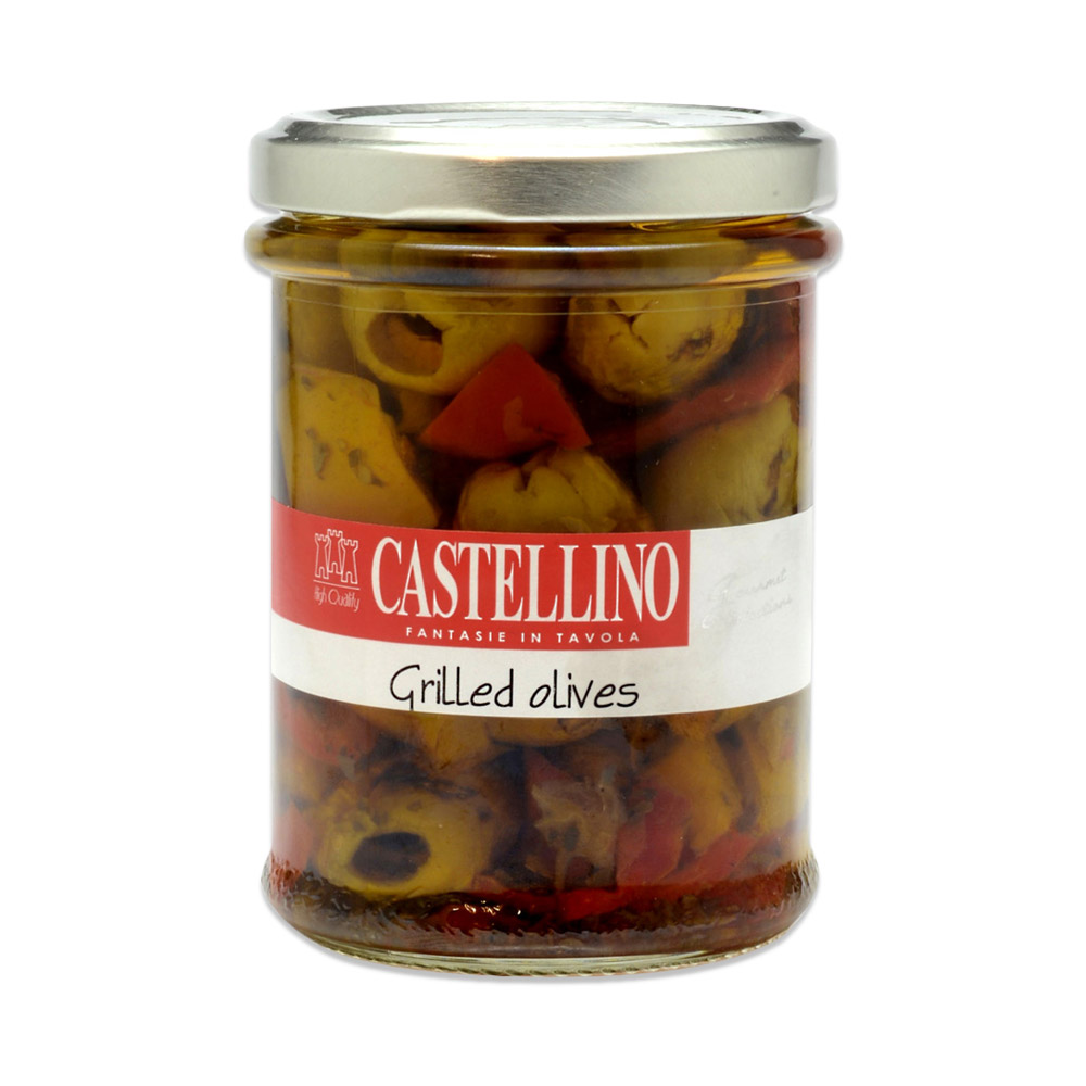 A jar of Castellino Grilled Green Olives in Oil
