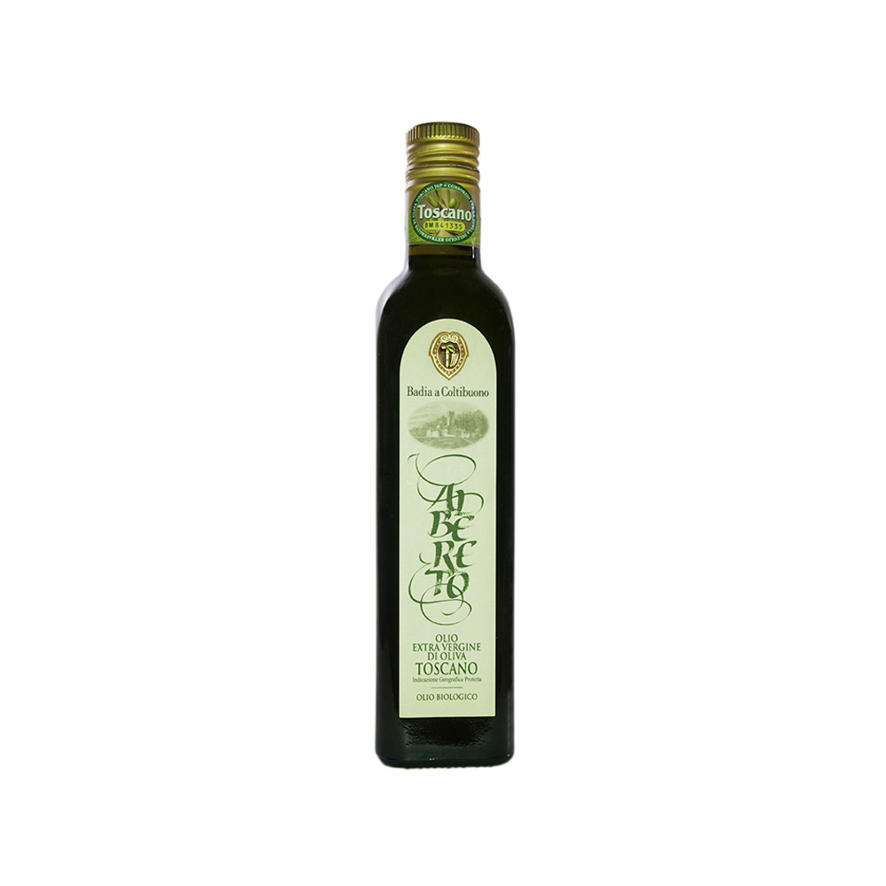 bottle of badia a coltibuono aLBereto unfiltered igp toscano organic extra virgin olive oil