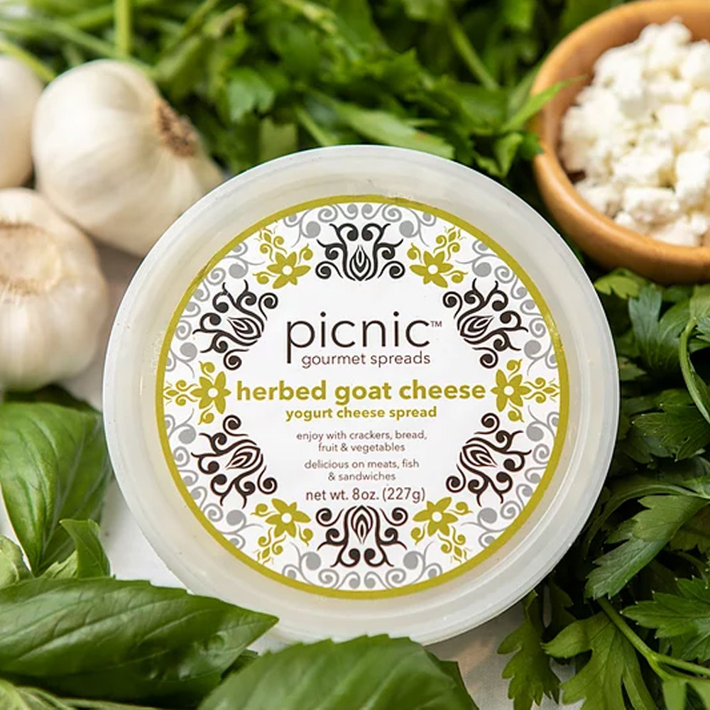 container of picnic gourmet herbed goat yogurt cheese spread