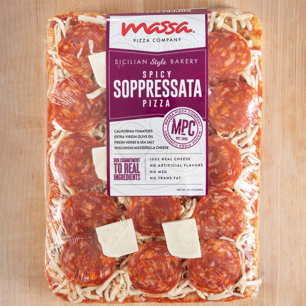 Massa Pizza Co. Spicy Soppressata Sicilian Bakery Pizza with a label on a wood background