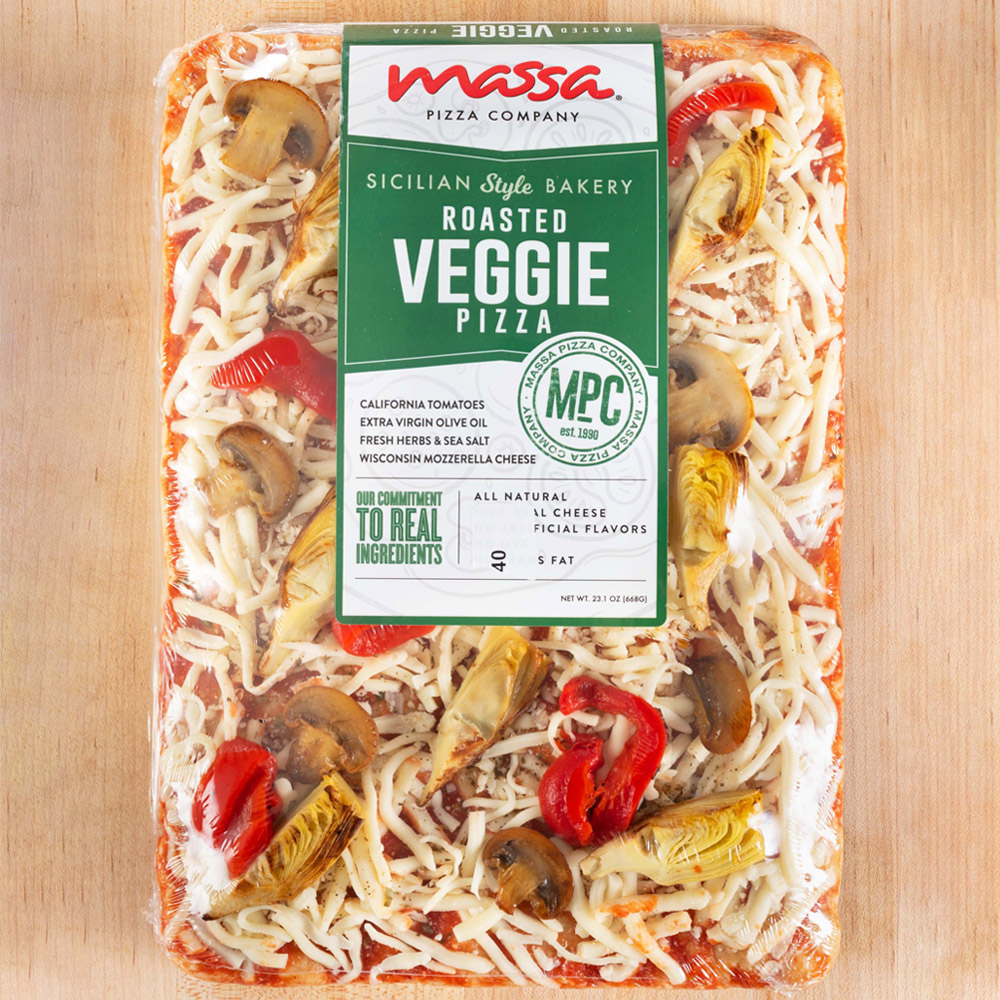 Massa Pizza Co. Roasted Veggie Sicilian Bakery Pizza with a label on a wood background