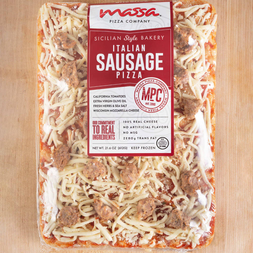 Massa Pizza Co. Italian Sausage Sicilian Bakery Pizza with a label on a wood background