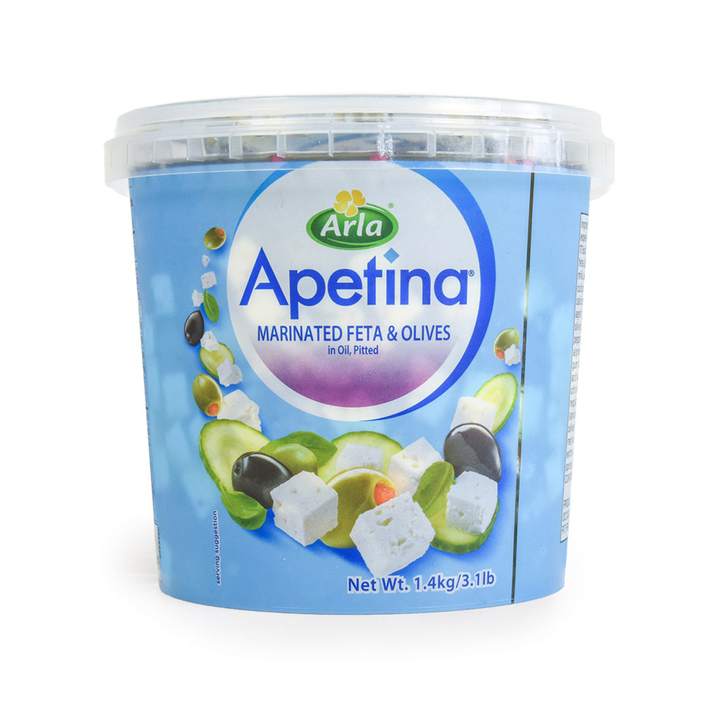 tub of apetina marinated danish feta & pitted olives in oil