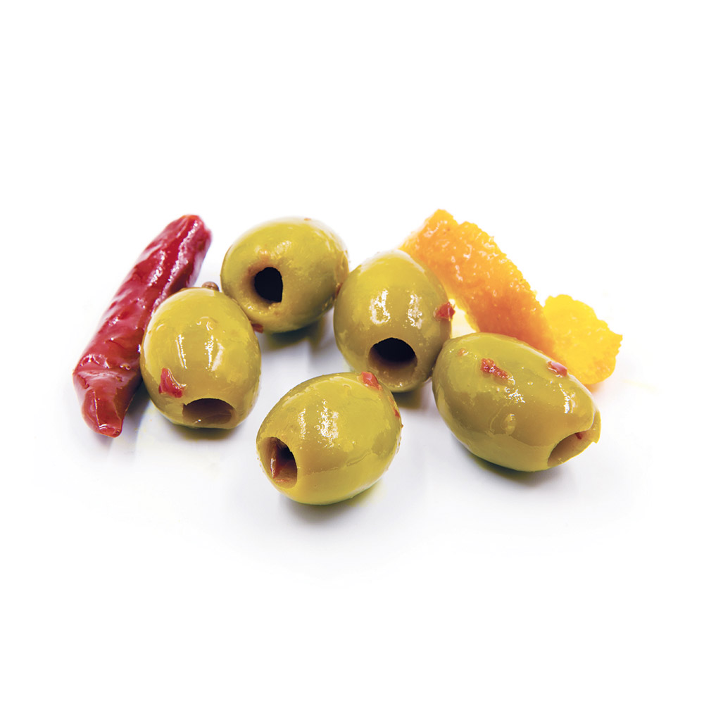 divina pitted tangerine & chili marinated green olives