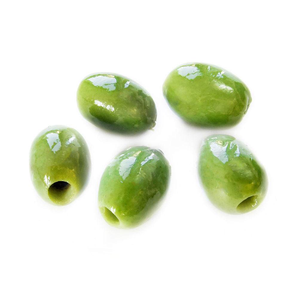 Divina pitted Frescatrano olives on a white background