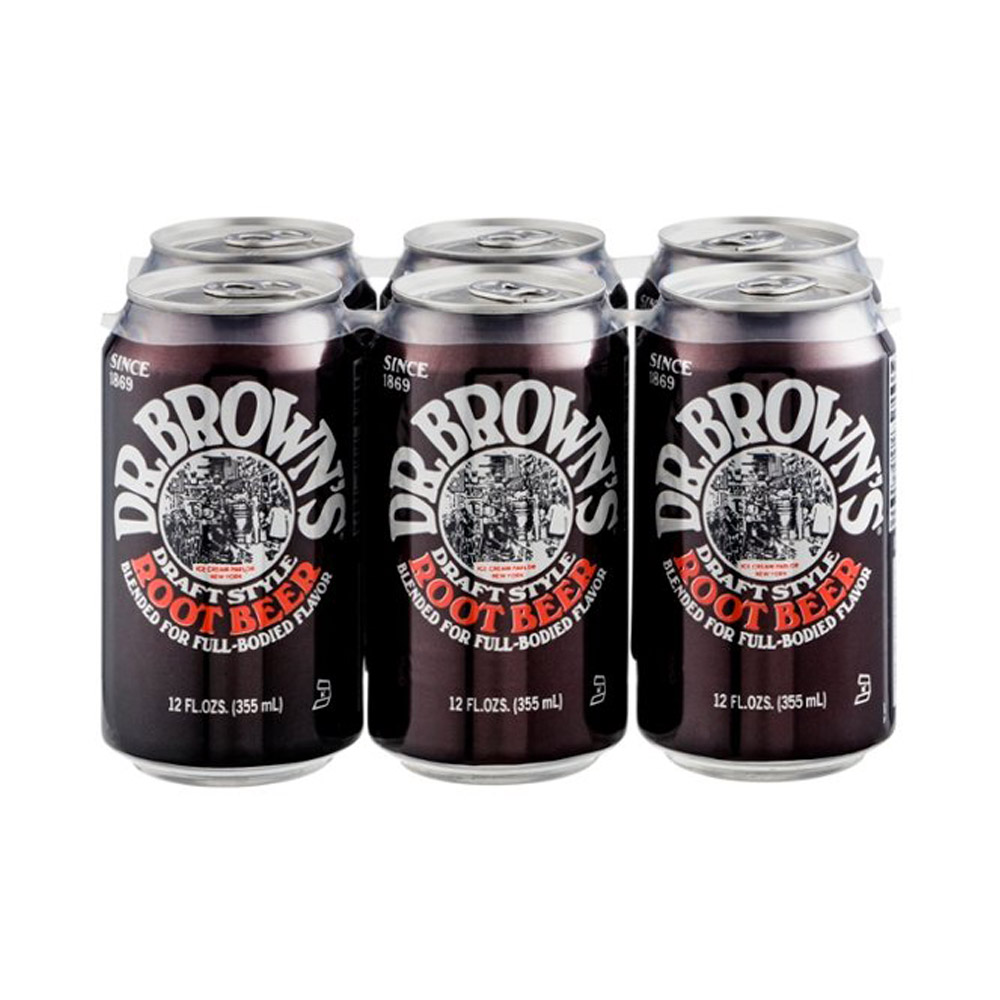 Six pack of cans of Dr Brown's root beer