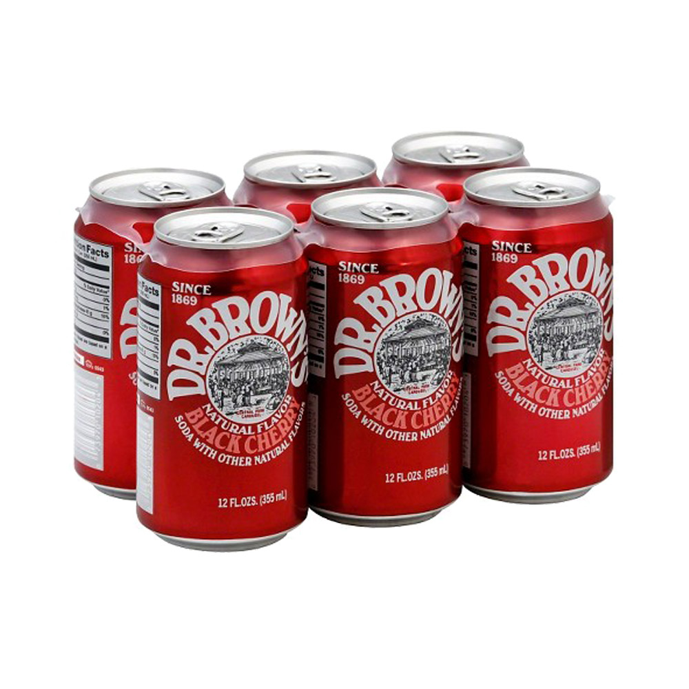 Six pack of cans of Dr Brown's black cherry soda