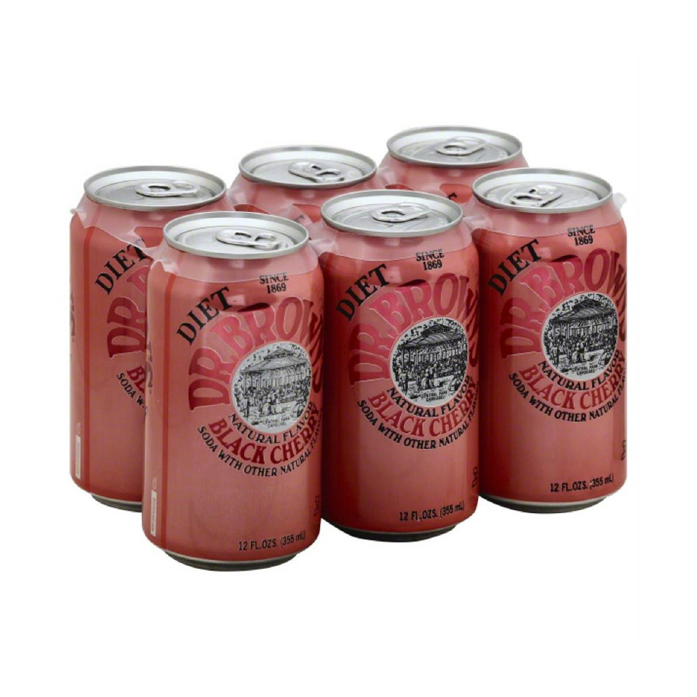 Six pack of cans of Dr Brown's diet black cherry soda