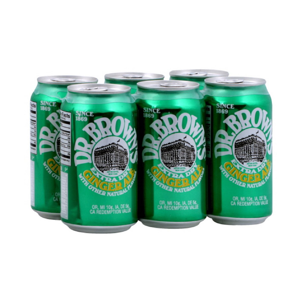 Six pack of cans of Dr Brown's ginger ale soda
