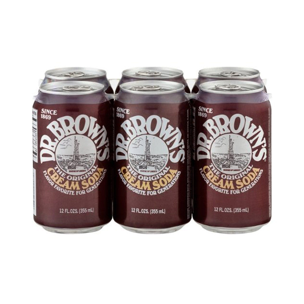 Six pack of cans of Dr Brown's cream soda