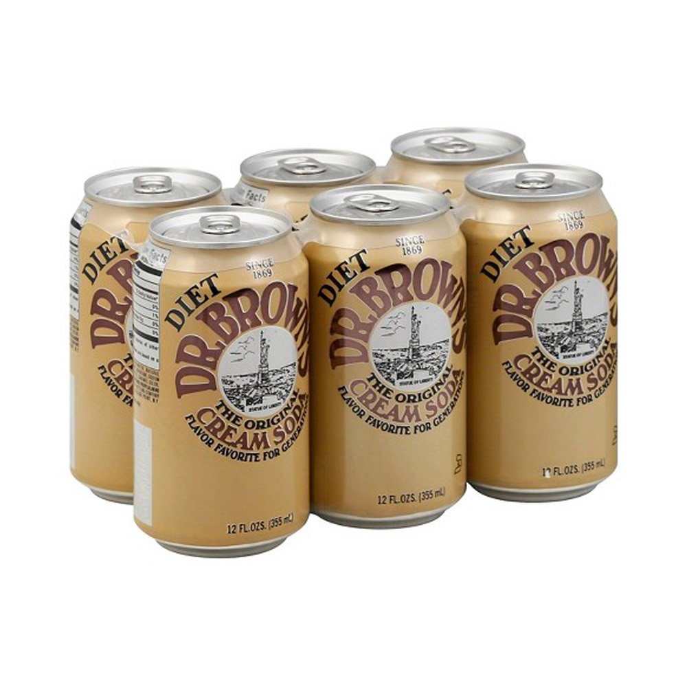 Six pack of cans of Dr Brown's diet cream soda