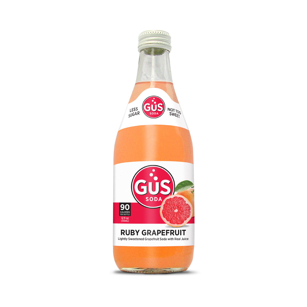 Bottle of GUS soda ruby grapefruit
