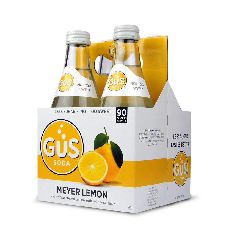Four pack of bottles of GUS soda meyer lemon