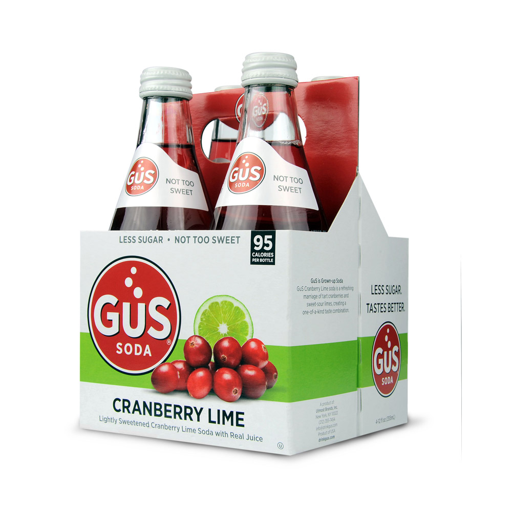 Four pack of bottles of GUS soda cranberry lime