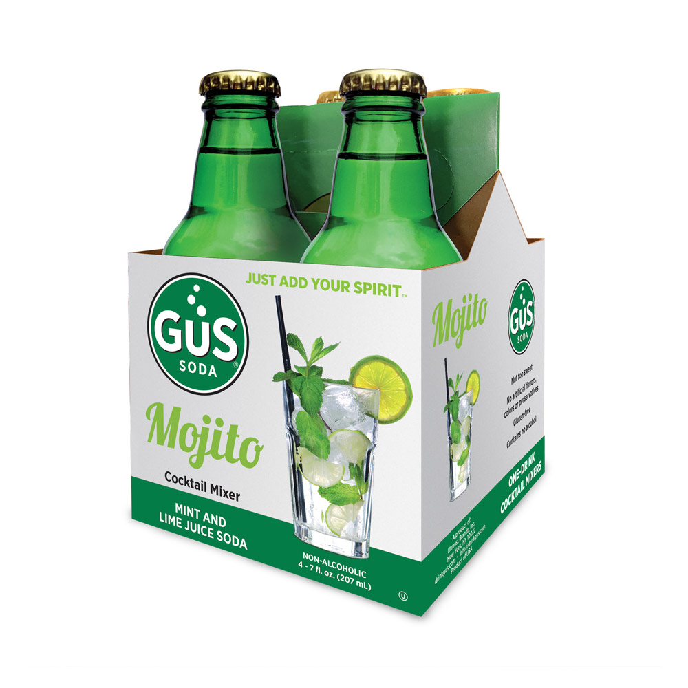 Four pack of bottles of GUS soda mojito cocktail mixer