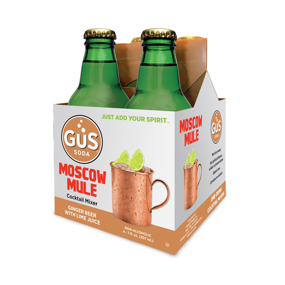 Four pack of bottles of GUS soda moscow mule cocktail mixer