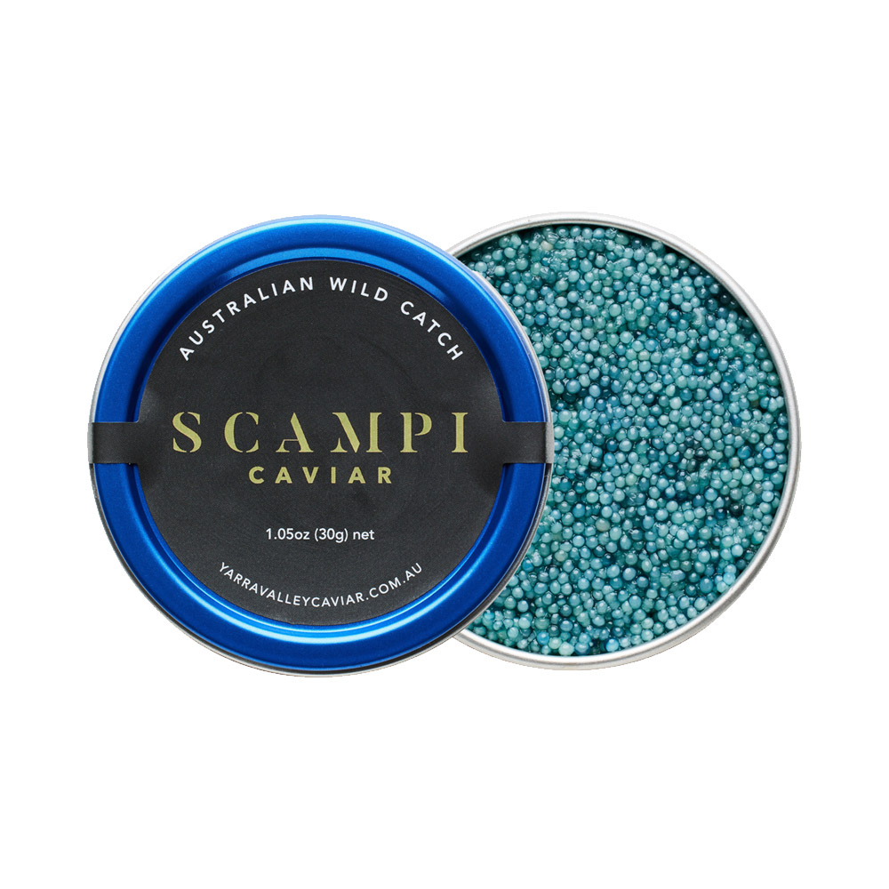 An open tin of Blue Scampi Caviar